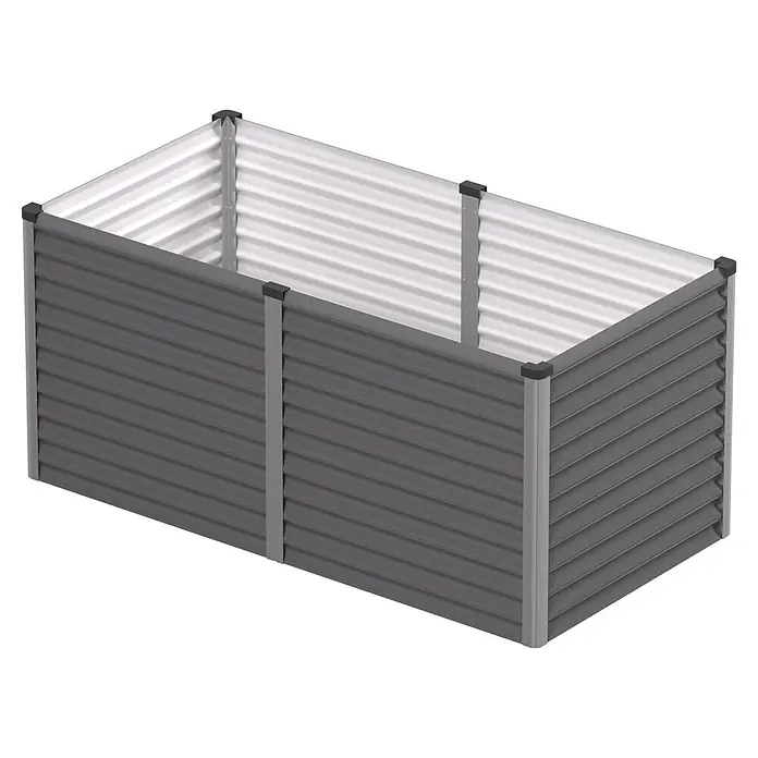 Vitavia Hochbeet Meta 858 - 187,7 x 96,2 x 85,8 cm, Zincalume®, Granit/Silber - Dunkelgraues rechteckiges Hochbeet aus Metall mit Wellblechseiten und hellgrauen Stützpfosten.