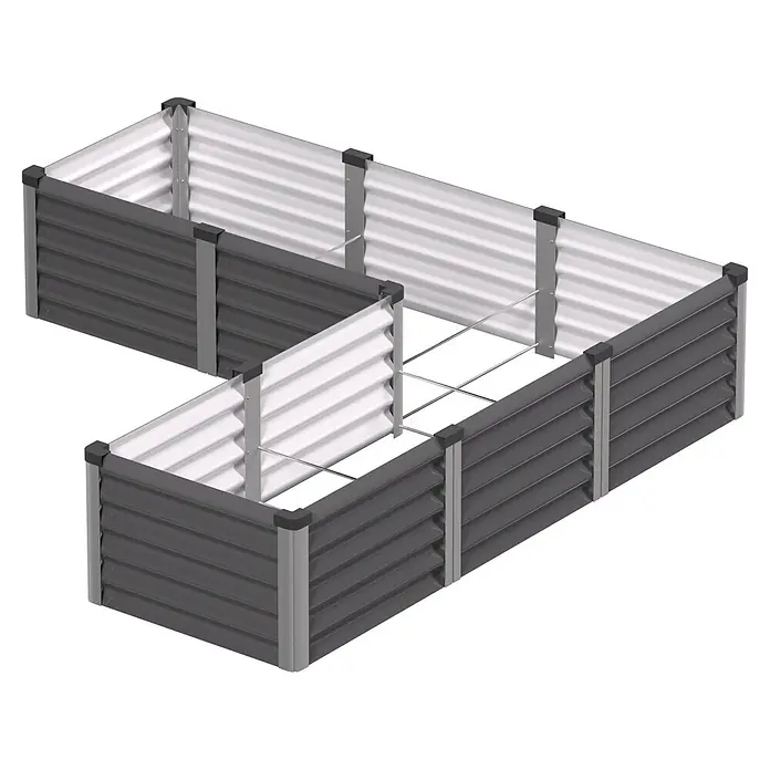 Vitavia Hochbeet Meta In&Out 401 - 185 x 185 x 40 cm, Zincalume®, Granit/Silber - L-förmiges Hochbeet aus dunkelgrauen und silbernen Wellblechpaneelen mit grauen Eckpfosten und Querstreben aus Metall.
