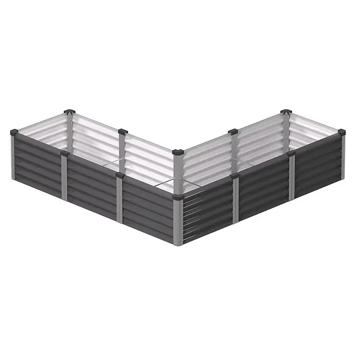 Vitavia Hochbeet Meta In&Out 401 - 185 x 185 x 40 cm, Zincalume®, Granit/Silber - L-förmiges Hochbeet aus Metall mit dunkelgrauer Wellblech-Außenfläche und silberner Innenfläche.