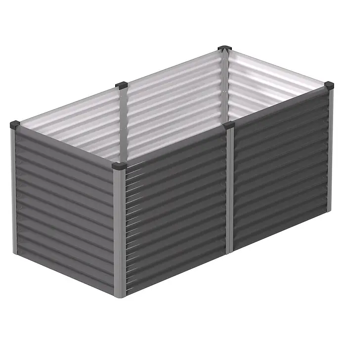 Vitavia Hochbeet Meta 858 - 187,7 x 96,2 x 85,8 cm, Zincalume®, Granit/Silber - Ein rechteckiges Hochbeet aus gewellten grauen Metallpaneelen mit dunkelgrauen Eck- und Oberkappen.