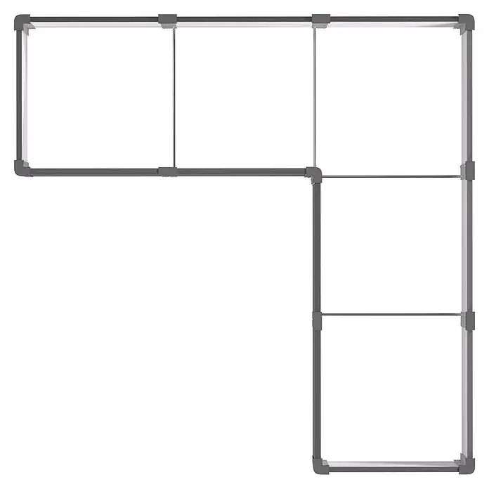 Vitavia Hochbeet Meta In&Out 401 - 185 x 185 x 40 cm, Zincalume®, Granit/Silber - Modulares L-förmiges Tierlaufgitter mit dunkelgrauen Rahmen und hellgrauen Gitterplatten.