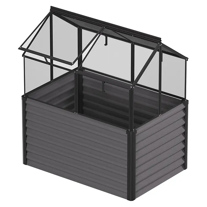 Vitavia Hochbeet mit Frühbeet-Aufsatz - 121,7 x 83,1 x 135,1 cm, Schwarz, Sicherheitsglas - Dunkelgraues Hochbeet aus Wellblech mit transparentem Frühbeetaufsatz und geöffneten Klappdeckeln.