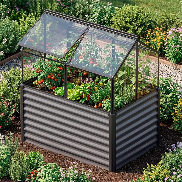 Vitavia Hochbeet mit Frühbeet-Aufsatz - 121,7 x 83,1 x 135,1 cm, Schwarz, Sicherheitsglas - Anthrazitfarbenes Hochbeet aus Wellblech mit aufklappbarem Kaltrahmen, bepflanzt mit Gemüse in einem Garten.