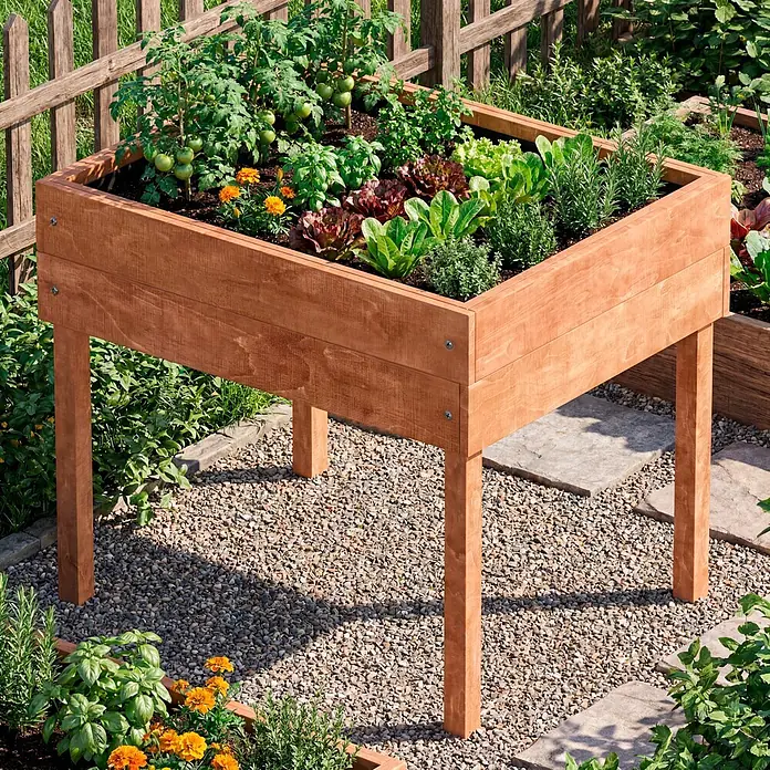 Dobar Hochbeet - 50 x 40 x 45 cm, Holz, Braun - Erhöhtes Holzhochbeet, gefüllt mit verschiedenen Kräutern und Gemüse, auf Beinen in einem sonnigen Garten.