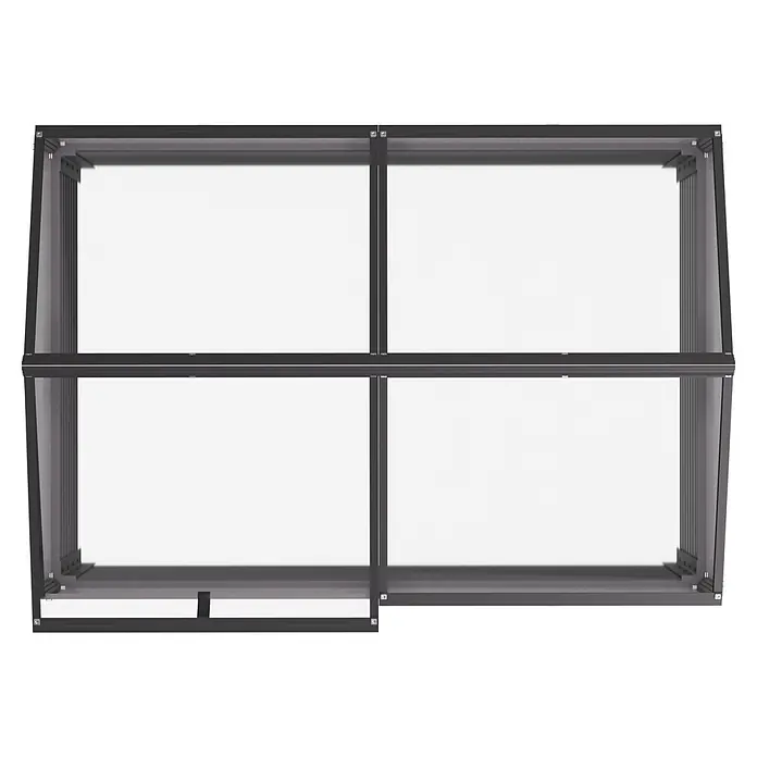 Vitavia Hochbeet mit Frühbeet-Aufsatz - 121,7 x 83,1 x 135,1 cm, Schwarz, Sicherheitsglas - Dunkelgraues, modulares Metallgestell, von vorne gesehen, für Regale oder Displays.