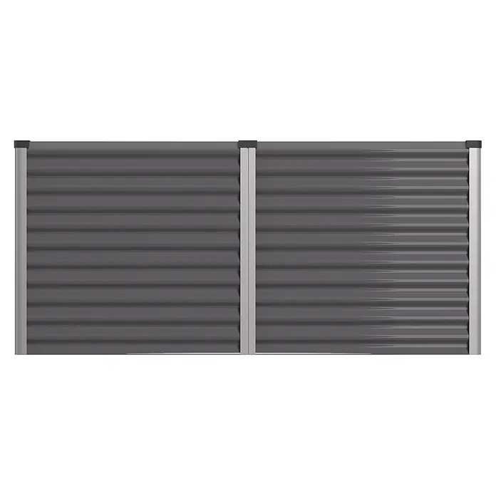 Vitavia Hochbeet Meta 858 - 187,7 x 96,2 x 85,8 cm, Zincalume®, Granit/Silber - Zwei graue Sichtschutzplatten mit horizontalen Lamellen und hellgrauen vertikalen Pfosten.