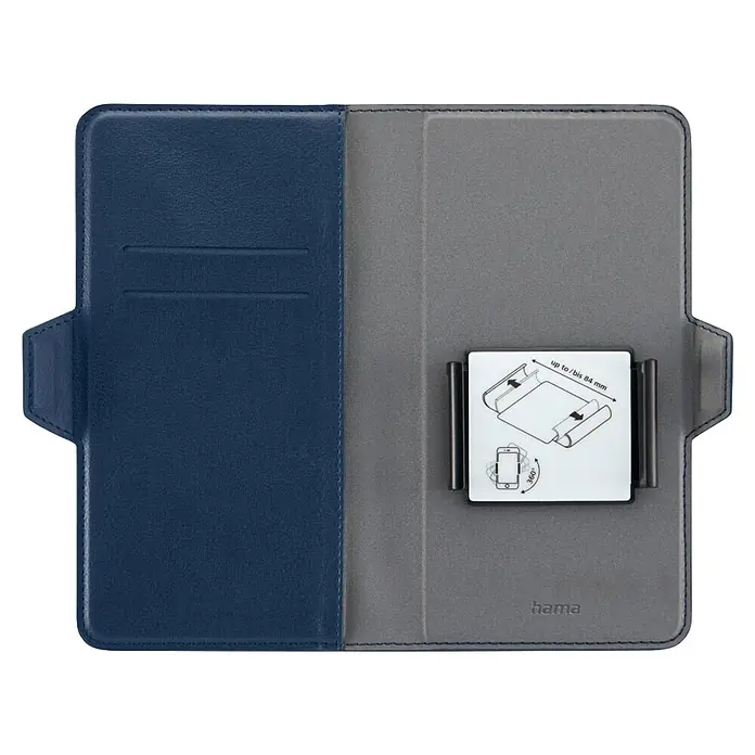 Hama Smartphone-Tasche 00118897 Universal für Handygröße 75 x 153 cm 3 Fächer - Blau - Geöffnetes blau-graues Universal-Tablet-Etui mit Taschen und einem 360° drehbaren Halter für Geräte bis 84mm Breite.