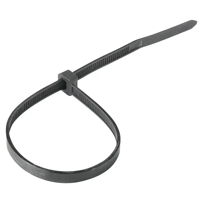 Hama Kabelbinder 2,5 X 100/150/200 mm flexibel 00221002 - Schwarz - Dunkelgrauer Kabelbinder aus Kunststoff, teilweise zu einer Schlaufe geschlossen.