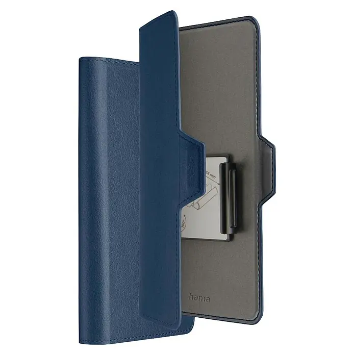 Hama Smartphone-Tasche 00118897 Universal für Handygröße 75 x 153 cm 3 Fächer - Blau - Offene blaue Tablet-Hülle mit grauem Innenfutter und verstellbarer Universalhalterung.