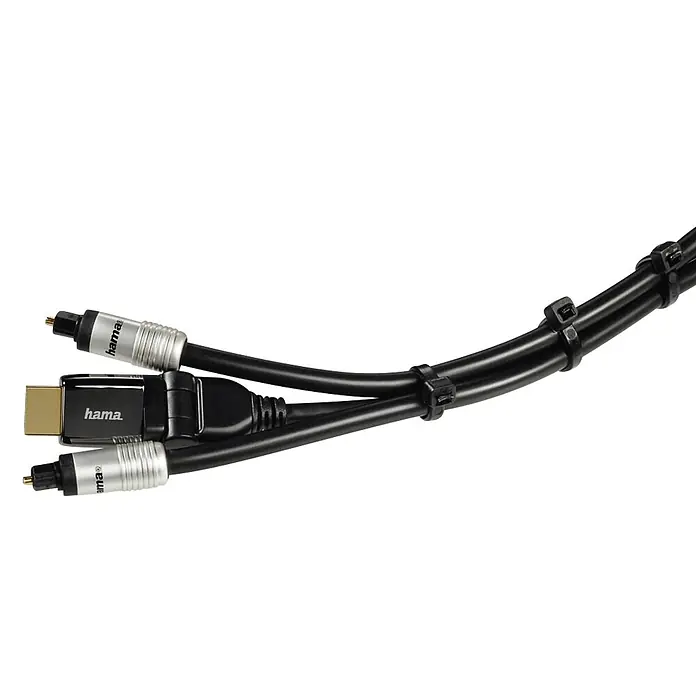 Hama Kabelbinder 2,5 X 100/150/200 mm flexibel 00221002 - Schwarz - Hama HDMI-Kabel mit vergoldetem Stecker, gebündelt mit zwei silbernen optischen Audiokabeln und schwarzen Kabelbindern.