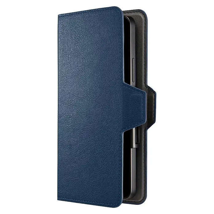 Hama Smartphone-Tasche 00118897 Universal für Handygröße 75 x 153 cm 3 Fächer - Blau - Blauer Leder-Handyhüllen-Organizer, leicht geöffnet, zeigt die Seite eines Smartphones.