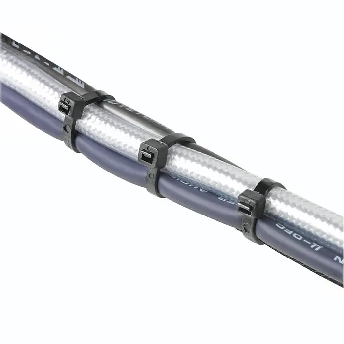 Hama Kabelbinder 2,5 X 100/150/200 mm flexibel 00221002 - Schwarz - Schwarze Kabelbinder bündeln zwei Kabel, mit integrierten Befestigungslöchern.