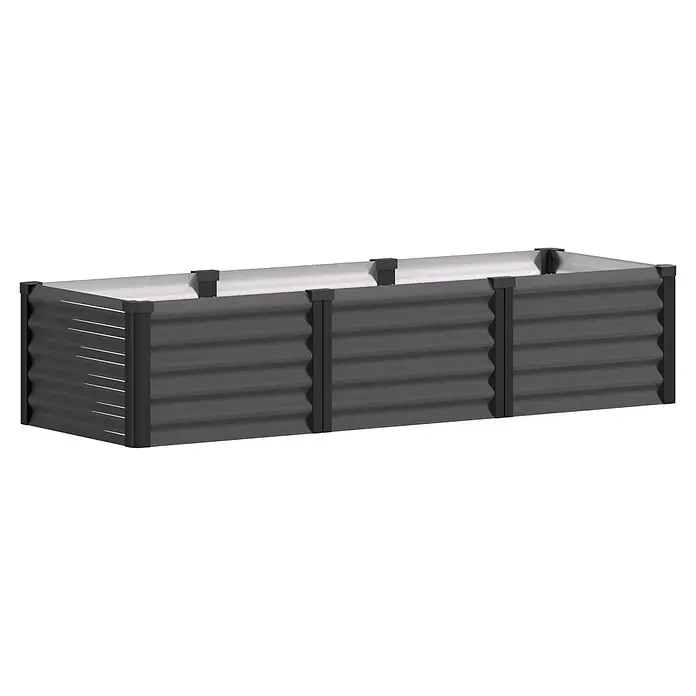 Vitavia Hochbeet Meta In&Out 401 - 185 x 65 x 40 cm, Zincalume®, Granit/Schwarz - Dunkelgraues rechteckiges Hochbeet aus Wellblech mit schwarzen Stützen.