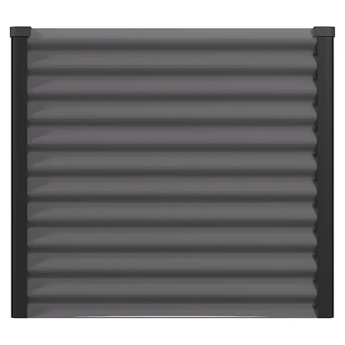 Vitavia Hochbeet Meta 858 - 187,7 x 96,2 x 85,8 cm, Zincalume®, Granit/Schwarz - Graues Wellblech-Zaunelement mit dunkelgrauen Pfosten und Abdeckkappen.