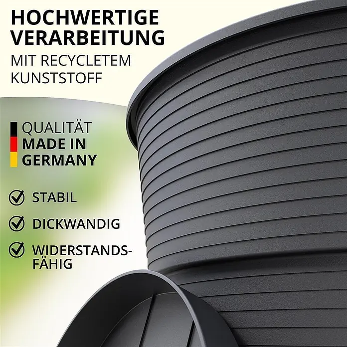 Plastard Pflanztopf Milano 3er Set mit Untersetzer in Anthrazit – Blumentopf - Außenmaß (Ø x H): 20 x 17 cm, Kunststoff, Anthrazit - Dunkelgrauer Pflanztopf aus hochwertigem, langlebigem Recyclingkunststoff, mit passendem Untersetzer gezeigt.