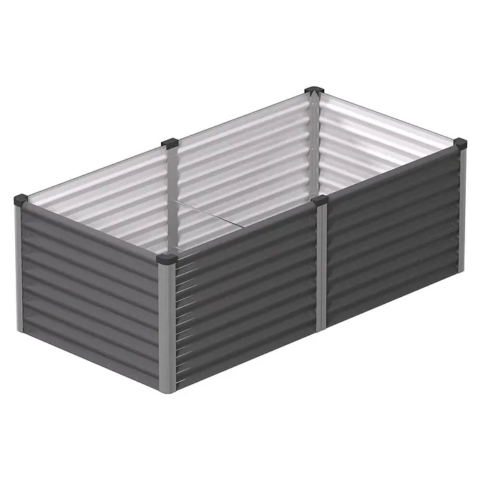 Vitavia Hochbeet Meta 630 - 187,7 x 96,2 x 63 cm, Zincalume®, Granit/Silber - Dunkelgraues Hochbeet aus Wellblech mit hellem Innenraum und schwarzen Eckkappen.