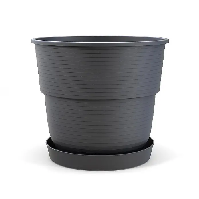 Plastard Pflanztopf Milano 3er Set mit Untersetzer in Anthrazit – Blumentopf - Außenmaß (Ø x H): 20 x 17 cm, Kunststoff, Anthrazit - Dunkelgrauer gerippter Kunststoff-Blumentopf mit passendem Untersetzer.