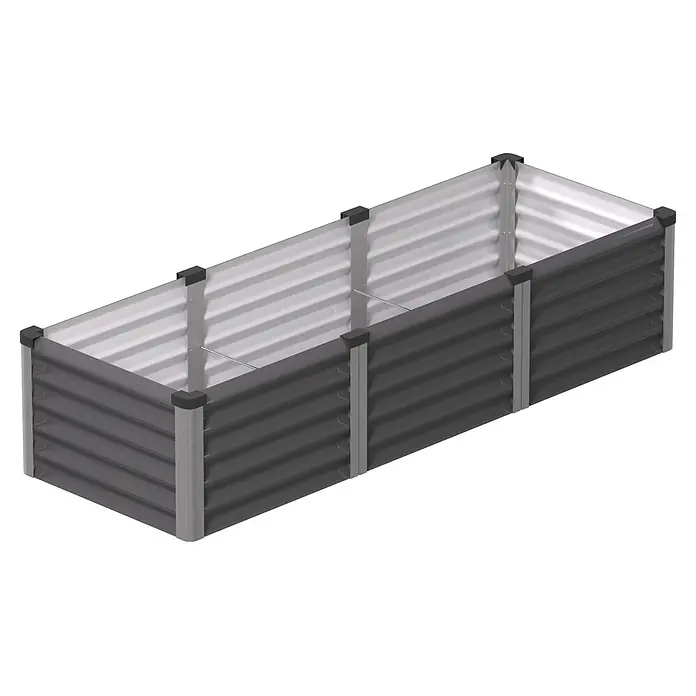 Vitavia Hochbeet Meta In&Out 401 - 185 x 65 x 40 cm, Zincalume®, Granit/Silber - Rechteckiges Hochbeet aus dunkelgrauem und silbernem Wellblech mit schwarzen Kappen.