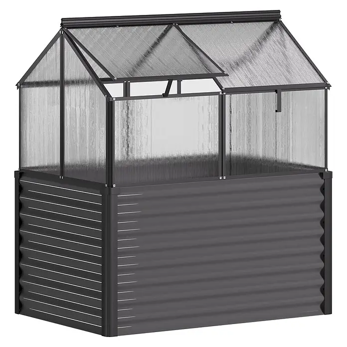Vitavia Hochbeet mit Frühbeet-Aufsatz - 121,7 x 83,1 x 135,1 cm, Schwarz, Polycarbonat - Dunkelgraues Hochbeet aus Wellblech mit transparentem, aufklappbarem Gewächshausdach zum Pflanzenschutz.