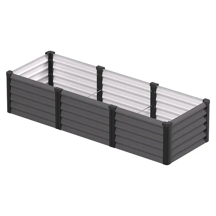 Vitavia Hochbeet Meta In&Out 401 - 185 x 65 x 40 cm, Zincalume®, Granit/Schwarz - Rechteckiges Hochbeet aus dunkelgrauem Wellblech mit schwarzen Eckpfosten und einer inneren Stützstange.