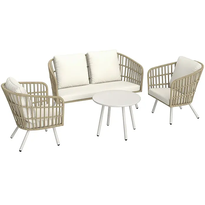 Outsunny Loungemöbel-Set - 4 -tlg., Stahl, PE-Rattan, Polyester, Schaumstoff, 2x Sessel, 1x Loveseat, 1x Tisch, 3x Sitzkissen, 4x Rückenkissen, 1x Bedienungsanleitung, Khaki - Outdoor-Lounge-Set mit beigen Rattan-Sesseln, Sofa, weißen Kissen und einem runden weißen Tisch.