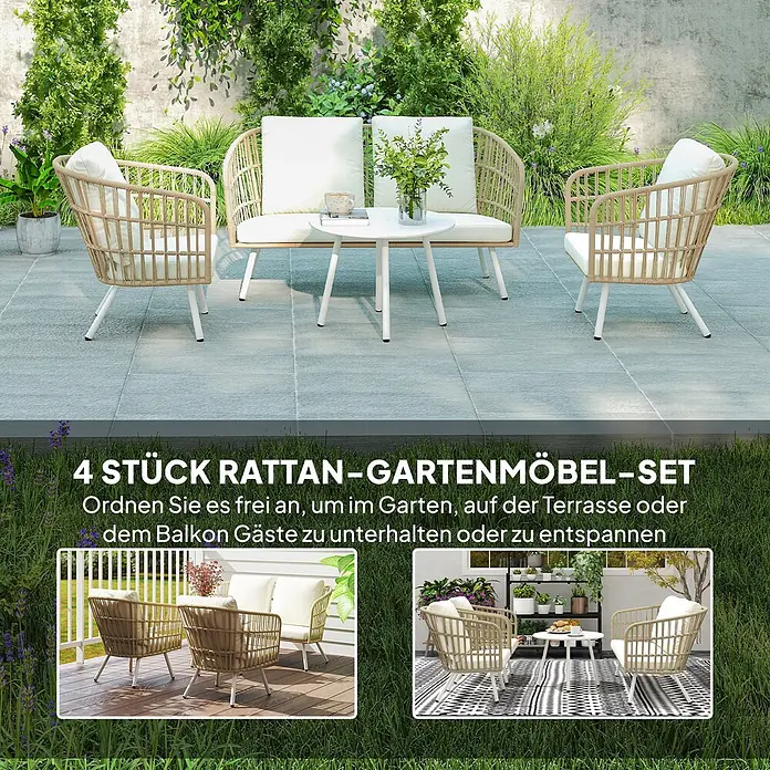 Outsunny Loungemöbel-Set - 4 -tlg., Stahl, PE-Rattan, Polyester, Schaumstoff, 2x Sessel, 1x Loveseat, 1x Tisch, 3x Sitzkissen, 4x Rückenkissen, 1x Bedienungsanleitung, Khaki - 4-teiliges helles Rattan Gartenmöbel-Set mit weißen Kissen auf einer Terrasse, zum Unterhalten oder Entspannen.
