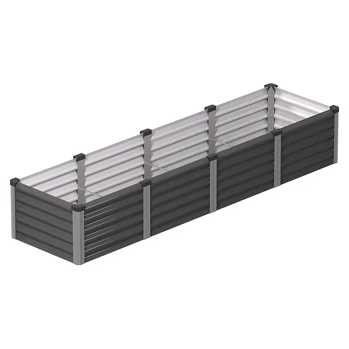 Vitavia Hochbeet Meta In&Out 401 - 245 x 65 x 40 cm, Zincalume®, Granit/Silber - Langes, rechteckiges Hochbeet aus dunkelgrauem und silberfarbenem Wellblech mit grauen Stützen und schwarzen Kappen.