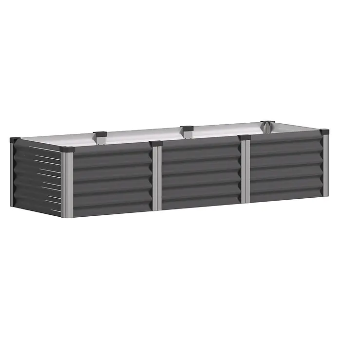 Vitavia Hochbeet Meta In&Out 401 - 185 x 65 x 40 cm, Zincalume®, Granit/Silber - Rechteckiges, dunkelgraues Hochbeet aus Wellblech mit hellgrauen Pfosten und schwarzen Kappen.