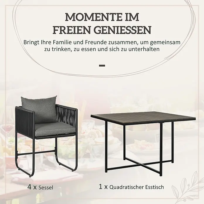 Outsunny Loungemöbel-Set mit Tisch - 5 -tlg., Legierter Stahl, PE-Rattan, Polyester, 4x Stuhl, 1x Tisch, 4x Sitzkissen, 4x Rückenkissen, 1x Handbuch, Grau - Gartenset mit vier grauen und schwarzen Seilstühlen und einem dunklen quadratischen Tisch für gesellige Runden.