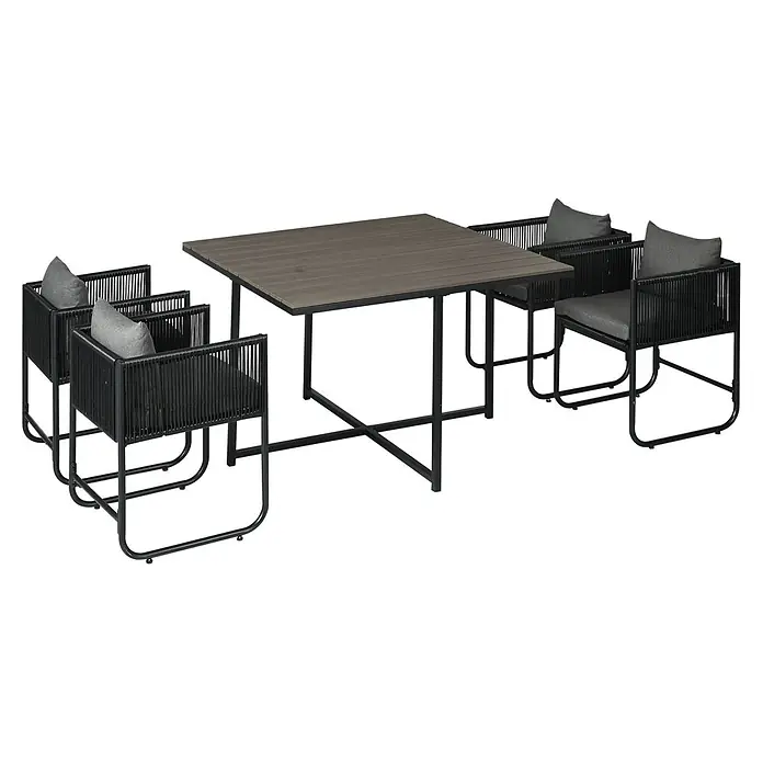 Outsunny Loungemöbel-Set mit Tisch - 5 -tlg., Legierter Stahl, PE-Rattan, Polyester, 4x Stuhl, 1x Tisch, 4x Sitzkissen, 4x Rückenkissen, 1x Handbuch, Grau - Outdoor-Essgruppe mit dunklem Holzoptik-Tisch und vier Stühlen mit schwarzen Geflechtseiten, schwarzen Gestellen und grauen Kissen.
