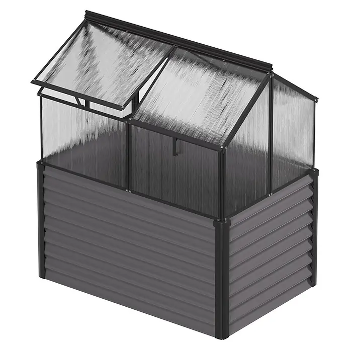 Vitavia Hochbeet mit Frühbeet-Aufsatz - 121,7 x 83,1 x 135,1 cm, Schwarz, Polycarbonat - Dunkelgraues Hochbeet aus Wellblech mit transparentem Frühbeetaufsatz, eine Klappe offen.