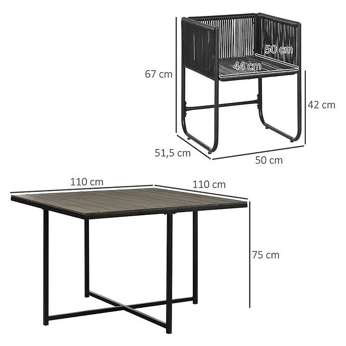 Outsunny Loungemöbel-Set mit Tisch - 5 -tlg., Legierter Stahl, PE-Rattan, Polyester, 4x Stuhl, 1x Tisch, 4x Sitzkissen, 4x Rückenkissen, 1x Handbuch, Grau - Schwarz geflochtener Sessel und dunkelgrauer Lamellentisch mit schwarzen Metallgestellen, Maße sind angezeigt.