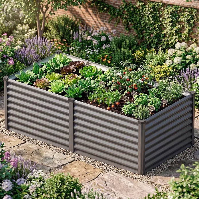 Vitavia Hochbeet Meta 630 - 187,7 x 96,2 x 63 cm, Zincalume®, Granit/Silber - Graues Hochbeet aus Wellblech mit verschiedenen Pflanzen in einer üppigen Gartenumgebung.