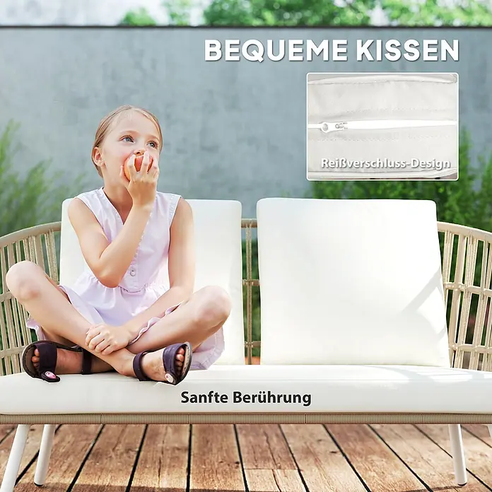 Outsunny Loungemöbel-Set - 4 -tlg., Stahl, PE-Rattan, Polyester, Schaumstoff, 2x Sessel, 1x Loveseat, 1x Tisch, 3x Sitzkissen, 4x Rückenkissen, 1x Bedienungsanleitung, Khaki - Weiße Outdoor-Sofakissen mit Reißverschluss-Design, bieten sanfte Berührung und Komfort.