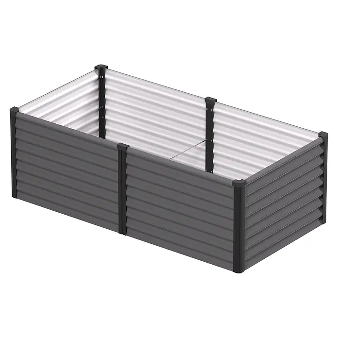 Vitavia Hochbeet Meta 630 - 187,7 x 96,2 x 63 cm, Zincalume®, Granit/Schwarz - Dunkelgraues Hochbeet aus Wellblech mit hellem Innenraum und schwarzen Stützpfosten.