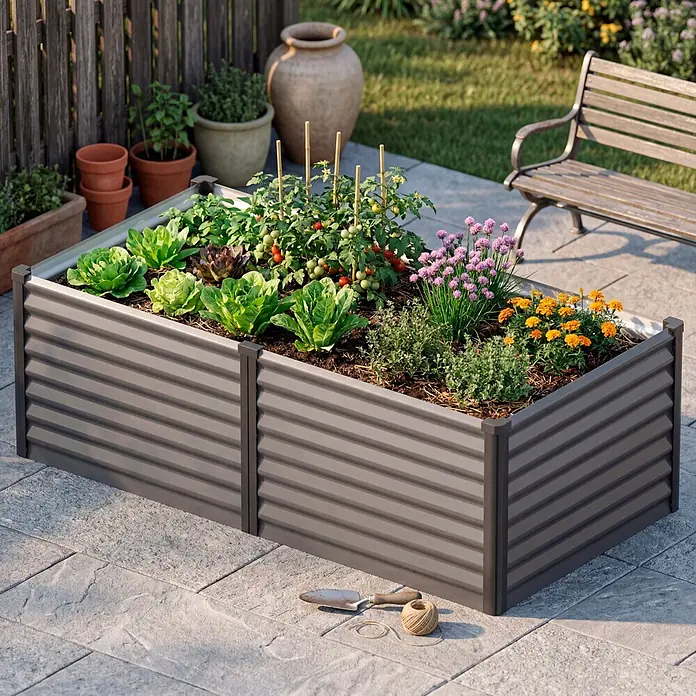 Vitavia Hochbeet Meta 630 - 187,7 x 96,2 x 63 cm, Zincalume®, Granit/Schwarz - Dunkelgraues Hochbeet aus Wellblech mit verschiedenen Pflanzen wie Tomaten, Salat, Kräutern und Blumen auf einer gepflasterten Terrasse.
