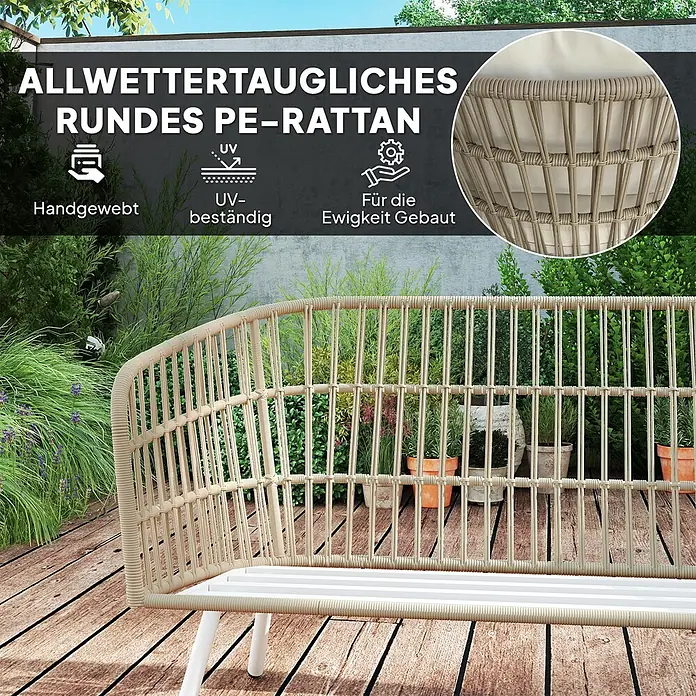 Outsunny Loungemöbel-Set - 4 -tlg., Stahl, PE-Rattan, Polyester, Schaumstoff, 2x Sessel, 1x Loveseat, 1x Tisch, 3x Sitzkissen, 4x Rückenkissen, 1x Bedienungsanleitung, Khaki - Beiges rundes PE-Rattan-Gartenssofa mit weißem Rahmen und Kissen, auf einer Holzterrasse im Garten.
