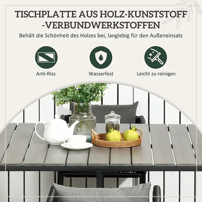 Outsunny Loungemöbel-Set mit Tisch - 5 -tlg., Legierter Stahl, PE-Rattan, Polyester, 4x Stuhl, 1x Tisch, 4x Sitzkissen, 4x Rückenkissen, 1x Handbuch, Grau - Tischplatte aus Holz-Kunststoff-Verbundwerkstoff, grau, langlebig, wasserfest und pflegeleicht für den Außenbereich.