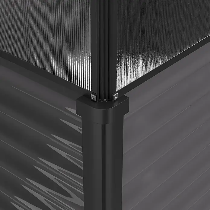 Vitavia Hochbeet mit Frühbeet-Aufsatz - 121,7 x 83,1 x 135,1 cm, Schwarz, Polycarbonat - Dunkelgrauer Aluminium-Eckrahmen mit gerippten lichtdurchlässigen Platten, mit silbernen Befestigungen, Teil einer modularen Struktur.