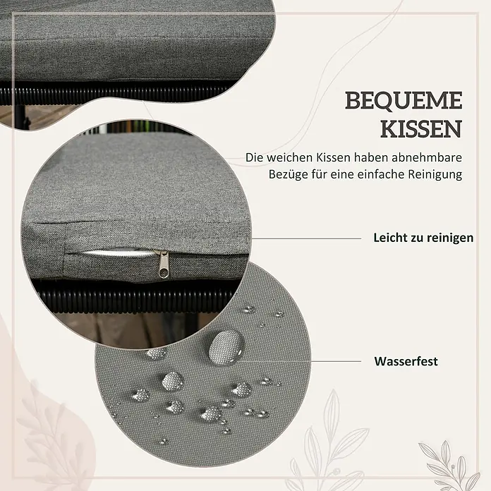 Outsunny Loungemöbel-Set mit Tisch - 5 -tlg., Legierter Stahl, PE-Rattan, Polyester, 4x Stuhl, 1x Tisch, 4x Sitzkissen, 4x Rückenkissen, 1x Handbuch, Grau - Nahaufnahme eines grauen, wasserabweisenden Kissens mit sichtbarem Reißverschluss für abnehmbare Bezüge und einfache Reinigung.