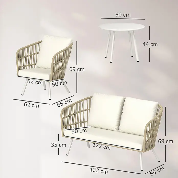 Outsunny Loungemöbel-Set - 4 -tlg., Stahl, PE-Rattan, Polyester, Schaumstoff, 2x Sessel, 1x Loveseat, 1x Tisch, 3x Sitzkissen, 4x Rückenkissen, 1x Bedienungsanleitung, Khaki - Hellbraunes Outdoor-Set aus Korbgeflecht mit weißen Kissen & Metallbeinen: Sessel, 2er-Sofa, runder Tisch. Inklusive Maßen.