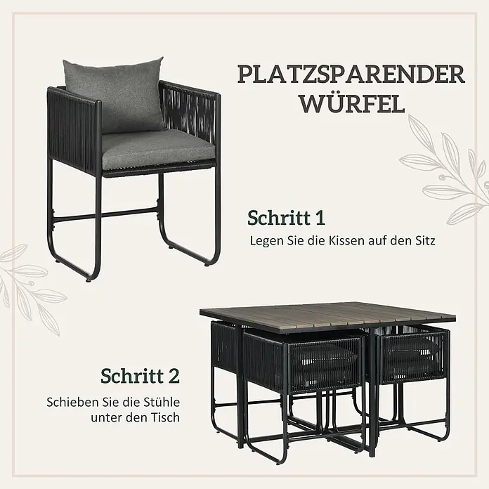 Outsunny Loungemöbel-Set mit Tisch - 5 -tlg., Legierter Stahl, PE-Rattan, Polyester, 4x Stuhl, 1x Tisch, 4x Sitzkissen, 4x Rückenkissen, 1x Handbuch, Grau - Schwarzes Outdoor-Essset mit grauen Kissen, Stühle schieben sich unter den Tisch für eine platzsparende Würfelform.