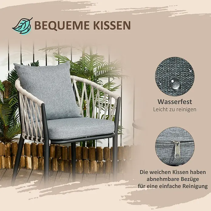 Outsunny Loungemöbel-Set mit Tisch - 3 -tlg., Legierter Stahl, Polypropylenseil, Polyester, Einscheibensicherheitsglas, 2x Stühle, 1x Tisch, 2x Sitzkissen, 2x Rückenkissen, 1x Anleitung, Grau - Grauer Outdoor-Stuhl mit bequemen, wasserfesten Kissen und abnehmbaren Bezügen für einfache Reinigung.