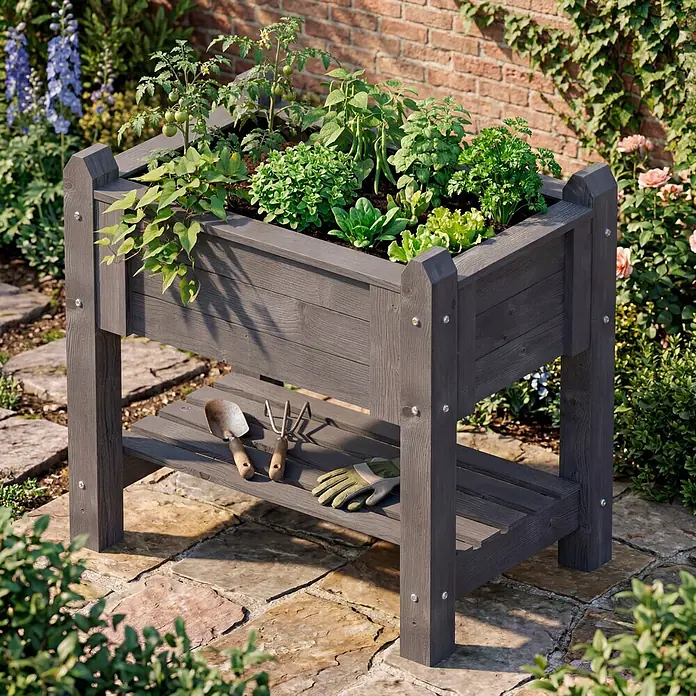 Promadino Kräuterhochbeet - 114 x 60 x 84,5 cm, Grau - Dunkelgraues Holz-Hochbeet mit unterer Ablage, gefüllt mit verschiedenen Pflanzen, Gartengeräte liegen auf der Ablage im Garten.