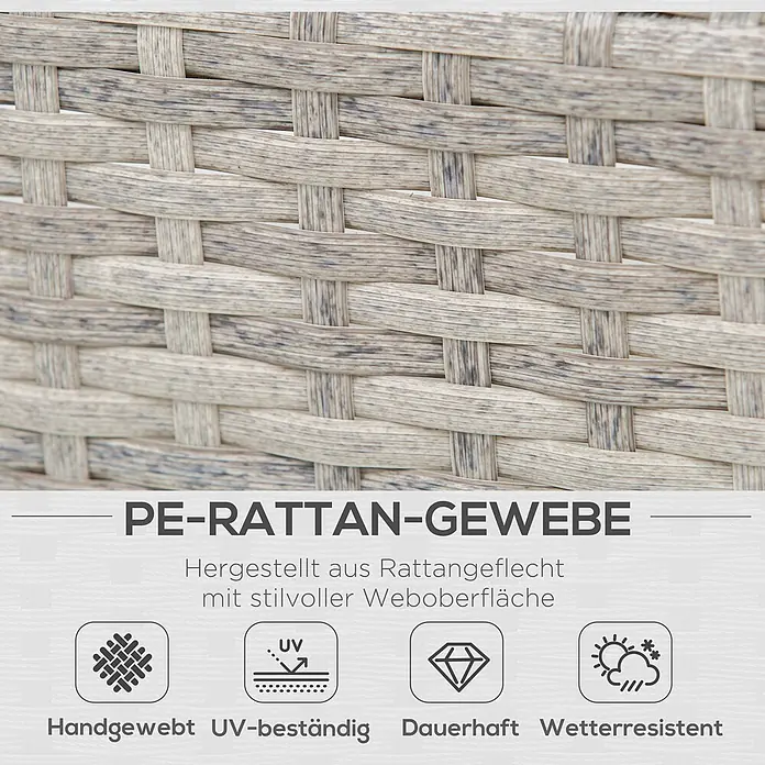 Outsunny Loungemöbel-Set mit Tisch - 3 -tlg., Legierter Stahl, PE-Rattan, Polyester, 1x Drei-Personen-Sofa, 1x Doppel-Sofa, 1x Teetisch, 3x Sitzkissen, 5x Rückenkissen, 1x Anleitung, Grau - Nahaufnahme von hellgrauem PE-Rattangeflecht, handgewebt, UV- und wetterbeständig.