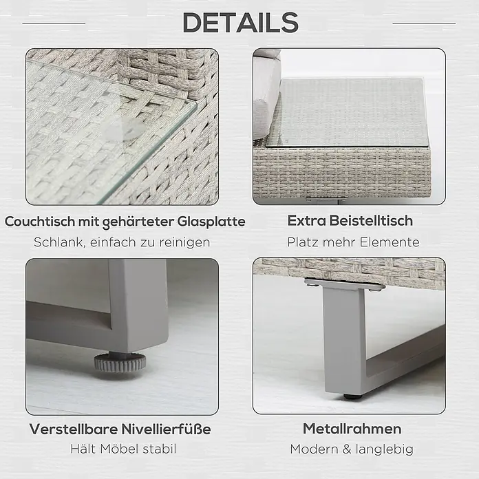 Outsunny Loungemöbel-Set mit Tisch - 3 -tlg., Legierter Stahl, PE-Rattan, Polyester, 1x Drei-Personen-Sofa, 1x Doppel-Sofa, 1x Teetisch, 3x Sitzkissen, 5x Rückenkissen, 1x Anleitung, Grau - Grauer Rattantisch mit gehärteter Glasplatte, verstellbaren Nivellierfüßen und robustem Metallrahmen.