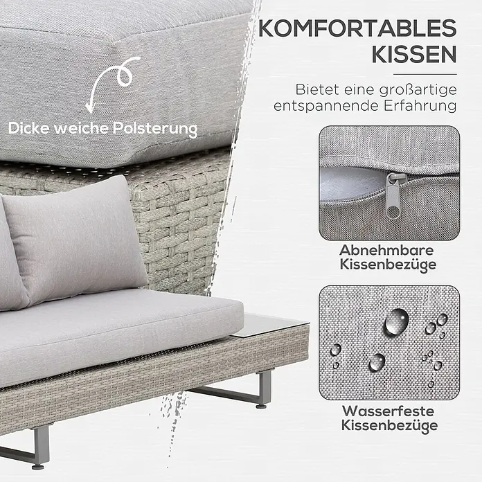 Outsunny Loungemöbel-Set mit Tisch - 3 -tlg., Legierter Stahl, PE-Rattan, Polyester, 1x Drei-Personen-Sofa, 1x Doppel-Sofa, 1x Teetisch, 3x Sitzkissen, 5x Rückenkissen, 1x Anleitung, Grau - Hellgraue Outdoor-Sofakissen mit dicker Polsterung, abnehmbaren und wasserfesten Bezügen.