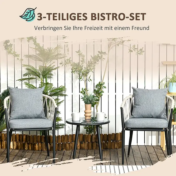 Outsunny Loungemöbel-Set mit Tisch - 3 -tlg., Legierter Stahl, Polypropylenseil, Polyester, Einscheibensicherheitsglas, 2x Stühle, 1x Tisch, 2x Sitzkissen, 2x Rückenkissen, 1x Anleitung, Grau - Ein 3-teiliges Bistro-Set: zwei Stühle mit grauen Kissen und geflochtenen Lehnen, sowie ein runder Glastisch, auf einer Holzterrasse.