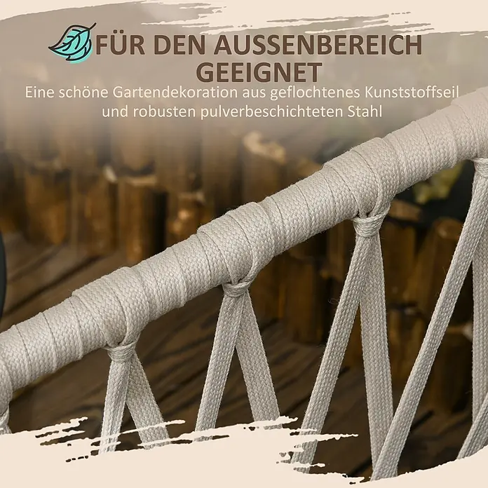 Outsunny Loungemöbel-Set mit Tisch - 3 -tlg., Legierter Stahl, Polypropylenseil, Polyester, Einscheibensicherheitsglas, 2x Stühle, 1x Tisch, 2x Sitzkissen, 2x Rückenkissen, 1x Anleitung, Grau - Creme Outdoor-Dekoration aus geflochtenem Kunststoffseil und pulverbeschichtetem Stahl.