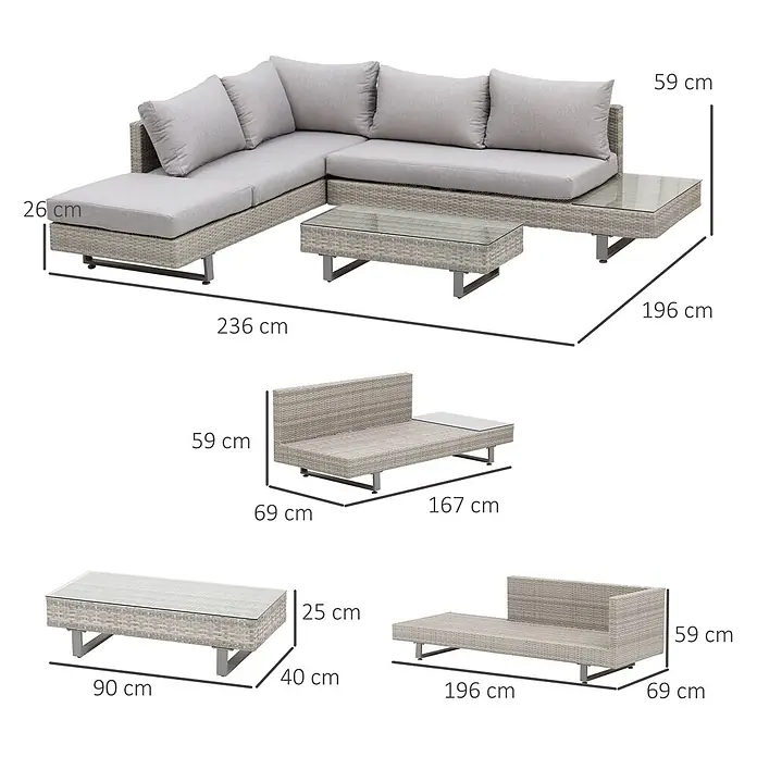 Outsunny Loungemöbel-Set mit Tisch - 3 -tlg., Legierter Stahl, PE-Rattan, Polyester, 1x Drei-Personen-Sofa, 1x Doppel-Sofa, 1x Teetisch, 3x Sitzkissen, 5x Rückenkissen, 1x Anleitung, Grau - Graues Rattan-L-förmiges Outdoor-Lounge-Set mit Kissen und Couchtischen mit Glasplatte, Maße der modularen Teile dargestellt.